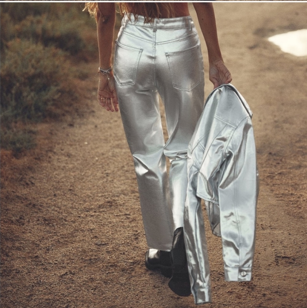 Zara Metallic High Rise Straight Cut Jeans - Picture 10 of 15